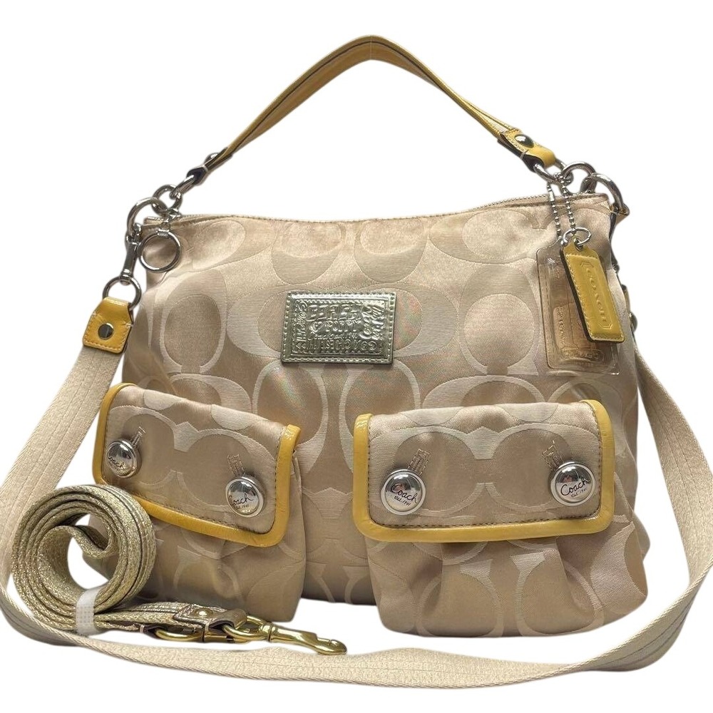 Coach Poppy Signature Sateen Pocket Hobo‎ Bag Beige Yellow 14563 Y2K Crossbody